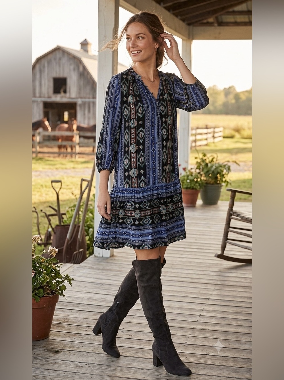Anthropologie HOLDING HORSES Black Dress w/Blue & Pink Aztec Print, size Large